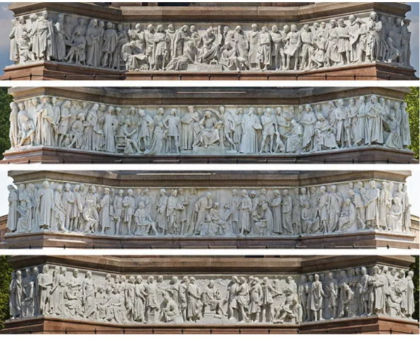 図 1.1: Frieze of Parnassus. Photo by DAVID ILIFF. License: CC-BY-SA 3.0. http://en.wikipedia.org/wiki/Frieze of Parnassus このことを使えば, たとえば最初に次のように 1 を並べた状況から出発して最上段と最 下段の 1 の並びのあいだの空いている部分をすべて埋めることができる : 1 1 1 1 1 1 1 1 1 1 1 1 1 1 1 1 1 1 1 1 1 左から右に空いている部分