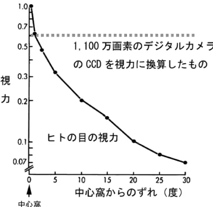 図 2.1-16  網膜の位置（中心窩からのずれ）と視力の関係 