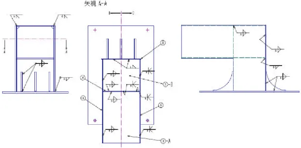 図 3.5‑3  溶 接 構 造 体 試 験 体の 溶 接 条 件   3.6  セ ン サ ー設 置 箇所 及 び数 量   図 3.5‑2 に示 した 模 擬 構 造 試 験 体に 、ひ ず み ゲ ー ジ、 光 フ ァ イ バ ー、 加 速 度 計 を設 置し た。 各セ ン サ ーの 設 置 数を表 3.6‑1 に示 す。 その 設置 箇所 を 図 3.6‑1 に示 す。 単軸 の ひ ず みゲ ー ジ を溶 接三 重 点 が あ る下 面に 9 箇 所 等 間 隔に 設置 した 。ま た、試 験 