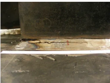 図 3.8‑3  32,000 サ イ ク ル で発 見さ れ た ベ ー ス プ レ ー トの 疲労 き 裂  3.9  結果 の 解析 （ 統計的手法 ）   3.9.1  平 均の 時 系 列 変 化  各セ ン サ ーに お け る計 測 値 の平 均の 時 系 列 変 化を 図 3.9‑1(a) 〜(Z)に 示す 。い ず れ も試 験の 停止、再開 に よ り計 測 値 に同 様の ド リ フ ト に よ る影 響 が あ る が 、SI-F 法で は複 数の セ ン サ ーの 相関 に よ り