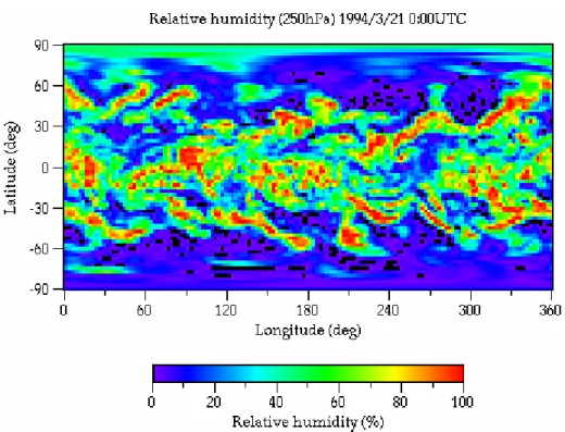 図 1.3-7 1994 年 3 月 21 日 0 時の 250hPa 面における相対湿度［単位： % ］
