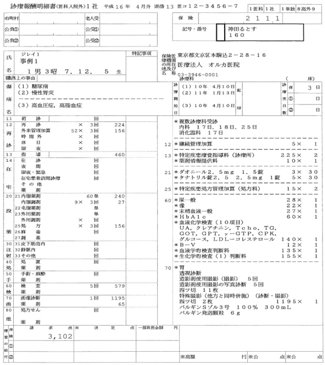 図表 8  診療報酬明細書（レセプト）  （３）  医師に対するヒアリング調査で個人が記録する健康情報の項目について尋ねたとこ ろ、病歴、副作用歴、感染症歴、予防接種歴、健診情報、主要検査記録などがあげられた。 東京都医師会ではこれらの項目を含んだ生涯健康手帳を作成し、普及する計画である。また、出所：日医標準レセプトソフト外来版カルテ事例ホームページよりhttp://www.orca.med.or.jp/receipt/outline/karte/index.rhtml 