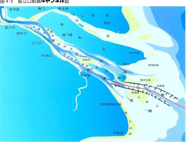 図 4-5  長江口航路チャンネル図    出所： SIPG 広報パンフレット   ３．上海国際航運中心  第 2 のメガプロジェクトは、後述する海上ターミナルの「洋山港」建設であるが、その 前に「上海国際航運中心」について述べねばならない。何故ならば、これこそ現在の上海 港発展を支えることができた戦略的な政策だからである。  我々が「上海国際航運中心」に関する国務院の発表を知ったのは、1996 年 1 月、 『人民 日報』に掲載された記事であった。その解説によれば、 「上海を国際経済、金融、貿易の中 心と