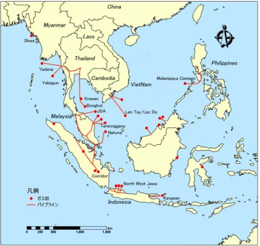 図 V-10 ベトナム・マレーシア・インドネシアの天然ガス田とパイプライン（JOGMEC 資 料から作成）  1.88 1.06 3.00 2.48 0.22 0.000.501.001.502.002.503.003.50 中国 インド インドネシア マレーシア ベトナム兆m3 図 V-11 東アジア主要国の天然ガス埋蔵量（BP 統計データ 68 から作成）  