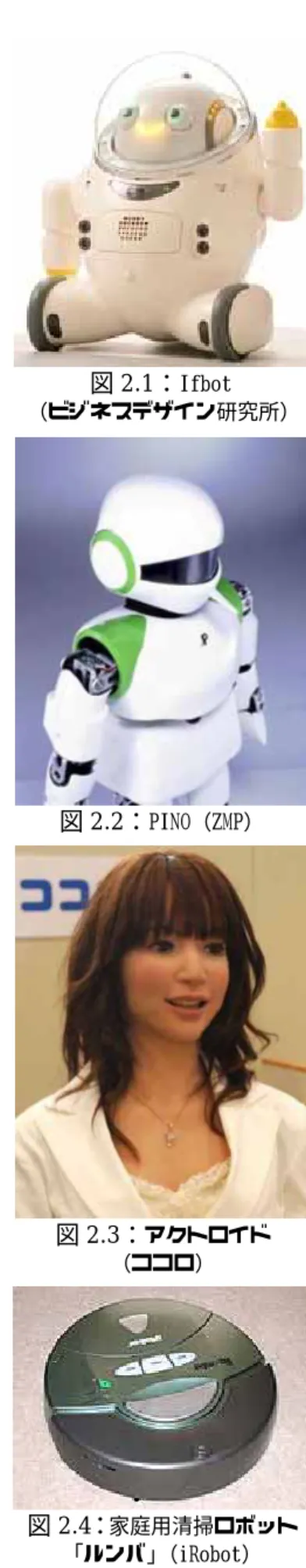 図 2.2： PINO（ZMP）  図 2.4 ： 家庭用清掃ロボット 「ルンバ」 （iRobot） 図2.3： アクトロイド （ココロ） 図2.1：Ifbot  （ビジネスデザイン研究所）2