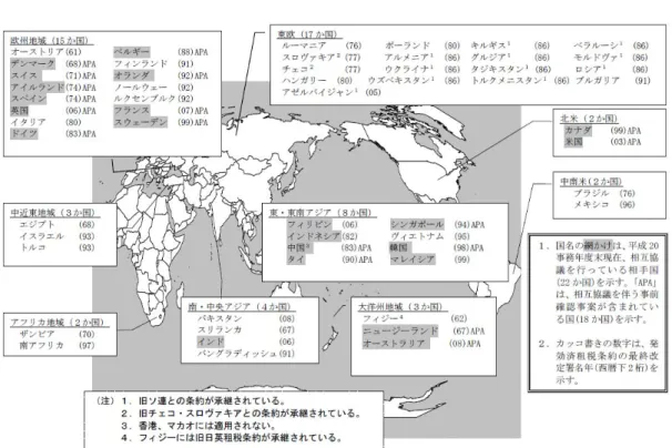 図 2-1-9  相互協議の相手国 34 （２）経済団体からの要望 海外に進出している企業への更正処分が近年急増し、制度的あるいは執行上の実務的問題 点も散見されるようになってきたことから、これまで、移転価格事務運営要領の改定、相互 協議中の納税猶予制度の導入、事前確認体制の充実化等の改善が図られてきた。  しかしながら、引続き独立企業間価格の算定等を巡り、企業と税務当局との見解の相違が 発生しており、我が国企業の海外事業展開上の大きなリスク要因となっている。移転価格税 制の早急な改善を求める声が日増しに高