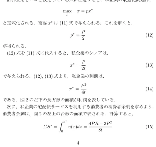 図 2 は，混合市場において市場シェアがどのように決まるかを表している． 私企業の宅配便サービスに「近い」消費者は，前節同様，私企業の宅配便サー ビスを利用する．公企業の役割は，私企業から離れた消費者に対して宅配便 サービスを提供する点にある． (10) 式より，公企業が R よりも低い価格で宅 配便サービスを供給すれば，すべての消費者が宅配便サービスを利用できる． 市場シェアは，私企業の宅配便サービスと公企業のそれが無差別となる消費 者 x ∗ の位置で決定される． (1), (10) 式より， x ∗ 