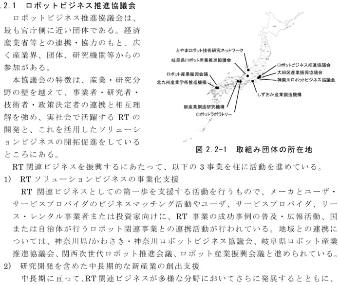 図 2.2-1  取 組 み 団 体 の 所 在 地   ロボットビジネス推進協議会大田区産業振興協議会 神奈川ロボットビジネス協議会とやまロボット技術研究ネットワークしずおか産業創造機構岐阜県ロボット産業推進協議会ロボットラボラトリー新産業創造研究機構北九州産業学術推進機構ロボット産業振興会議 く 流 布 さ れ て い る 予 測 と は 大 き な 乖 離 が あ る 。 し か し な が ら 、 日 本 の ロ ボ ッ ト 関 連 特 許 は突 出 し て お り 、 非 製 造 業 分 野 に 