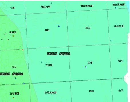 図 2.1-5  仙 台 南 西 部 の 深 度 1,500m の 地 温 分 布     仙 台 南 西 部 付 近 の 地 質 構 造 に つ い て は 、 村 田 町 か ら 蔵 王 町 に か け て の ほ ぼ 東 西 方 向 の 既 往 断 面 が 描 か れ て い る（図 2.1-6 参 照 ）。こ れ に よ る と 、中 央 部 の 向 斜 部 分 で 深 度 約 1,000m に 層 厚 約 300m の 凝 灰 角 礫 岩 層 が 分 布 し て い る 。 図 2.1-6 村 田