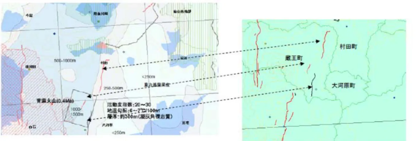図 4.1-1  仙 台 南 西 部 の 行 政 区 分 対 応 図   図 4.1-2  仙 台 南 西 部 の モ デ ル 地 点 付 近 の 地 形 状 況   隠 岐 島 後 に つ い て は 、 地 温 が 判 明 し て い る 既 存 の ボ ー リ ン グ 実 施 地 点 付 近 を 選 定 し た 。 島 の 南 西 部 に も 重 力 異 常 が 類 似 し て い る 領 域 が あ る が 、 確 実 な 温 度 デ ー タ の 存 在 を 優 先 し た （ 図 4.1-3）。 