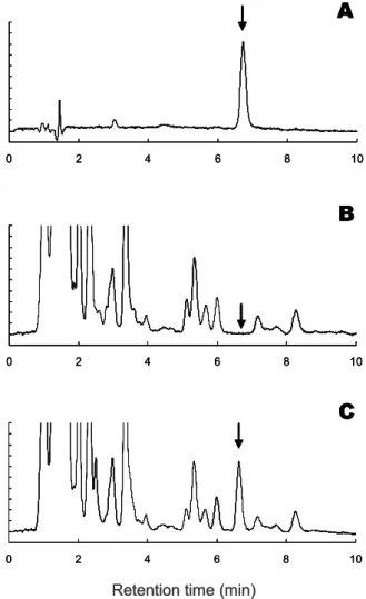 Fig. 1. Typical Liquid Chromatograms of (A) Standard  Cyromazine (250 ng/mL), (B) Blank Milk Extract and (C) an  Extract of Milk spiked with 50 ng/g of Cyromazine
