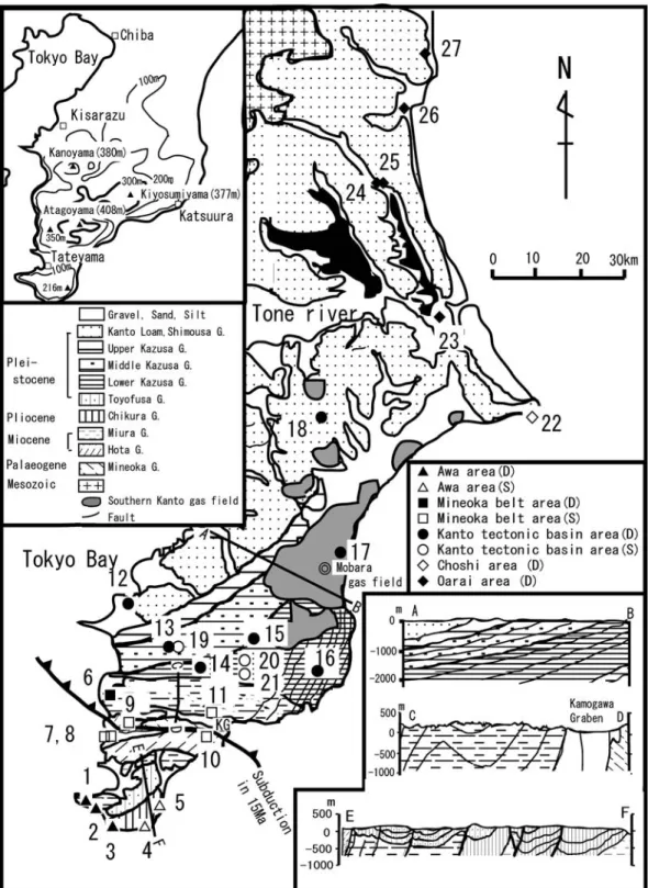 Fig. 1  Geological map and sample locations of the hot spring waters in the Boso peninsula,  eastern Chiba and southeastern Ibaraki Prefectures.