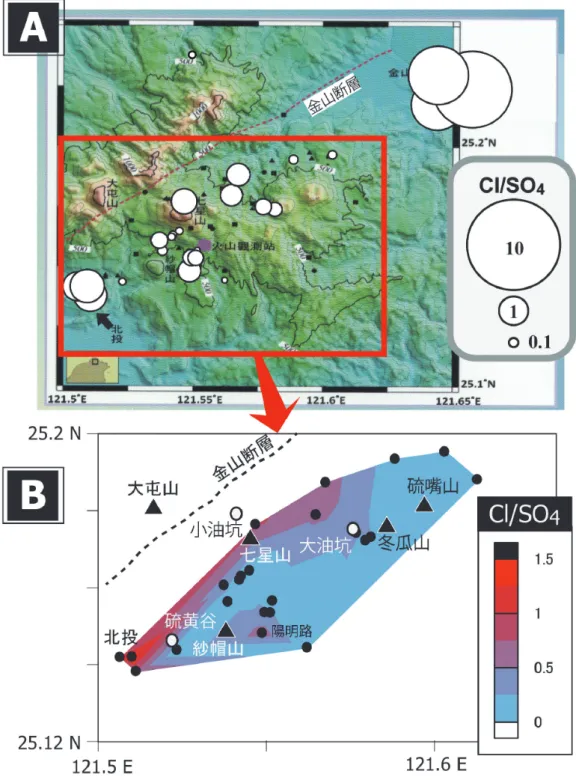 Fig. 7  Geographical  distribution  (A)  and  a  contour  map  (B)  of  Cl/SO 4   ratio  of  acidic  hot  spring  waters in Tatun Volcanic Group through the use of data reported by Chen (2005).  The original  map of (A) is cited from the leaflet of Taiwan 