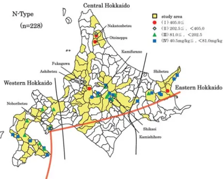 Fig. 2  Regional distribution of boron content of hot spring waters (N type) in Hokkaido