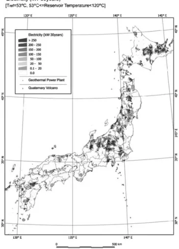 図  4 日本の 53‑120℃の熱水系資源分布（村岡・大里，2010）