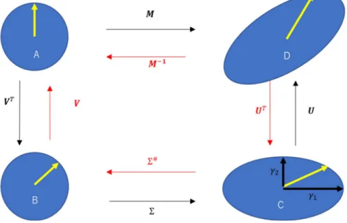 図  62  特異値分解と逆計算  A → Dの変換は次のように表せます。  