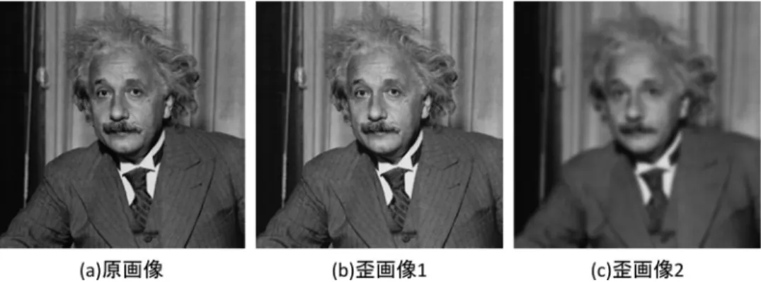 図 1 同じ MSE での主観画質の差．原画像 (a)  に対し歪画像 (b), (c)  はともに MSE ⫽ 144 である．