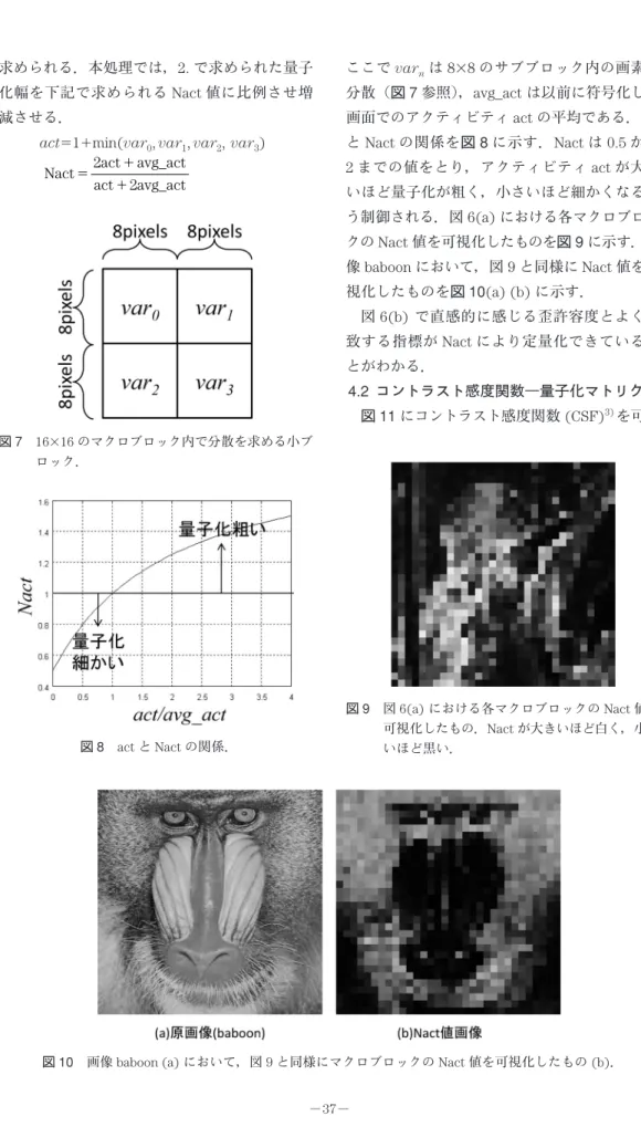 図 10 画像 baboon (a) において，図 9 と同様にマクロブロックの Nact 値を可視化したもの (b)．
