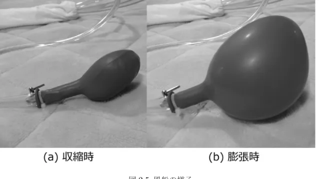 図 2.5  風船の様子 2.3.2.  体温デバイス  水槽内の温水は，ヒータ（ SUNART 製   SCH-901 ）によって約摂氏 36 度に保たれている． 水槽内の温水をウォータポンプ（鶴見製作所製   FP-5S ）によって汲み上げ，抱き枕の内部 に張り巡らせた温水用ホースに循環させることで，ユーザに人の体温程度の温もりを提示 している． 本システムのプロトタイプにおいて，温水用ホースを抱き枕内部に配置する際，温水用 ホースが折れたり，ユーザが本システムを抱きしめる・のしかかる等をして温水用ホー