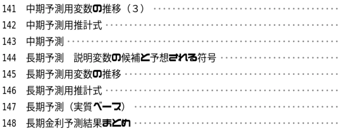 図表 141  中期予測用変数の推移（３） ･･･････････････････････････････････････ 163  図表 142  中期予測用推計式 ･････････････････････････････････････････････････ 164  図表 143  中期予測 ･････････････････････････････････････････････････････････ 165  図表 144  長期予測  説明変数の候補と予想される符号 ･･･････････
