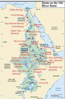 Figure 5.  Map of  the Nile Basin showing location of   large dam on Nile.
