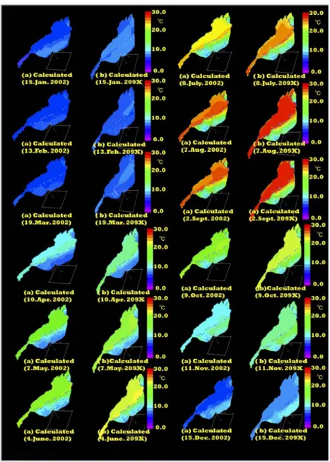 Fig. 3. Comparison of monthly predicted water temperature (2002/209X) (Yamashiki, 1974)