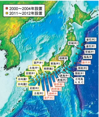 Fig． ２ Seafloor reference points installed by Japan Coast Guard. Solid red and yellow squares  rep-resent those installed during２０００ − ２００４and  dur-ing ２０１１ − ２０１２ , respectively