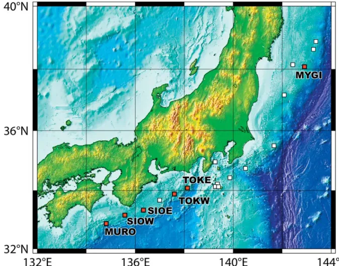 Fig． １ Location of seafloor reference points. Red squares stand for the reference points used in this study.