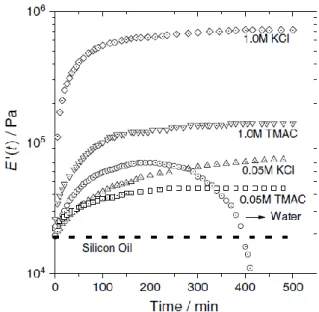 Fig.  6  Plot  of  the  storage  Young’s  modulus  E'(t)  as  a  function  of  time  of  2.0  wt%  gellan  gel  immersed  in  various  salt  solutions