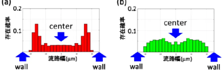 図 2  血小板の分布  (ゴースト赤血球, Hct = 20%)  (a) 流路底面から 8m,  (b) 流路底面から 24m
