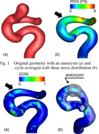 Fig. 1    Original geometry with an aneurysm (a) and  cycle-averaged wall shear stress distribution (b)