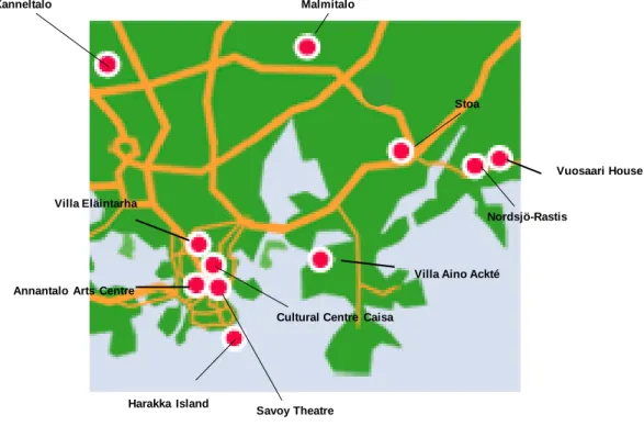 図表 2-12  ヘルシンキ市運営の 9 つの文化センター、公的芸術施設の位置 