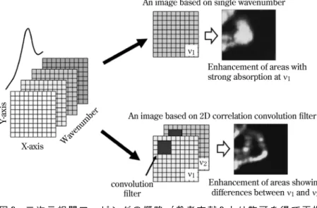 図 9 二 次 元 相 関 マ ッ ピ ン グ の 概 略 ｛ 参 考 文 献 9 よ り 許 可 を 得 て 再 掲 Copyright (2017) Elsevier｝ 図 10 PMMA と PEG のブレンドの IR スペクトル（図 11 中 灰 色 の 直 線 部 分 ）｛ 参 考 文 献 9 よ り 許 可 を 得 て 再 掲 Copyright (2017) Elsevier｝ 図 11 C ＝O 成 分 の 分 布 ｛ 参 考 文 献 9 よ り 許 可 を 得 て 再 掲Copyright