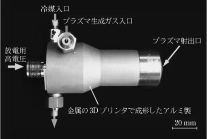 図 8 大気圧マルチガス温度制御プラズマのシミュレーション 図 9 3D プリンターで作成したプラズマ源 図 10 プラズマ温度を変えた付着物分析の一例冷却する。プラズマのガス温度は，冷媒の温度で制御する。 高温のプ ラズマが必 要な場合 は，冷媒で はなく，ヒーターを使用して加熱すればよい。ここで，装置製作上の問題に直面した。10センチ強のプラズマ装置の筐体内に図のような複雑な流路を通すことは容易ではない。設計をシンプルにして，複雑な工程で機械加工を行えば不可能ではないだろうが，かなりの仕事になる。そこで