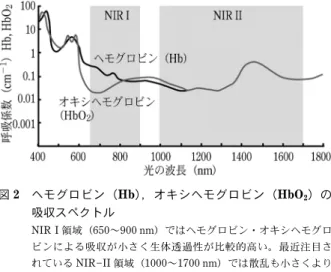 図 2 ヘモグロビン（Hb），オキシヘモグロビン（HbO 2 ）の 吸収スペクトル NIR I 領域（650～900 nm）ではヘモグロビン・オキシヘモグロ ビンによる吸収が小さく生体透過性が比較的高い。最近注目さ れている NIR II 領域（1000～1700 nm）では散乱も小さくより 鮮明な画像を得ることができると報告されている。タンパクとの結合を妨げない工夫や，脳イメージングにおいては血液脳関門を通過させるための工夫が必要となる。このように核医学イメージング法はヒト生体においても定量性の高いイメ