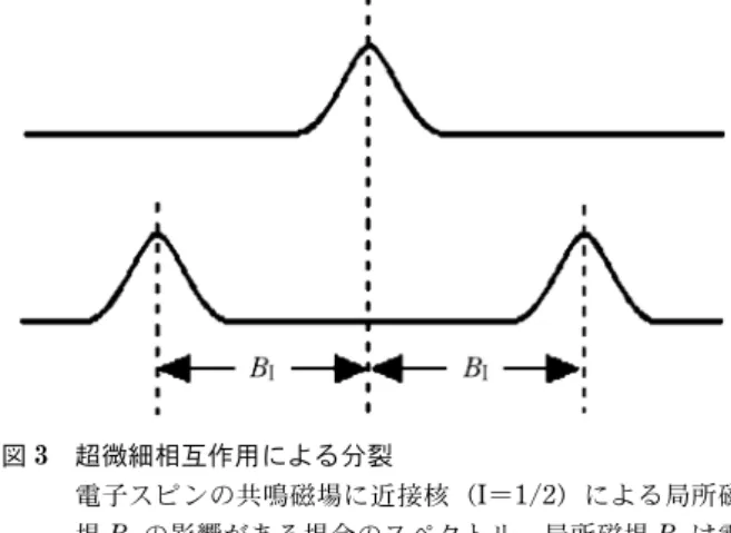 図 3 超微細相互作用による分裂 電子スピンの共鳴磁場に近接核（I＝1/2）による局所磁hはプランク定数，nはマイクロ波周波数，b はボーア磁子，Hは磁場である。磁場Hに対して式(1)を満たすマイクロ波（n）を印加したときに「共鳴」の現象が起きESR信号が観測される。電子スピン周辺の核スピンにも同様の核のゼーマン分裂がおこる。しかしこの大きさは電子のゼーマン分裂に比べて小さく通常は無視できる。g値とはおおよそ2の値をとる定数であり，この値はラジカル種や電子配列によって変化する。完全な自由電子であればこの値は