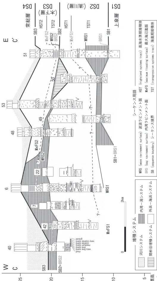 図  7.   稲敷台地の CC 断面（西−東）における下総層群のシーケンス層序．柱状図の記号は図 4 - 6 を参照．
