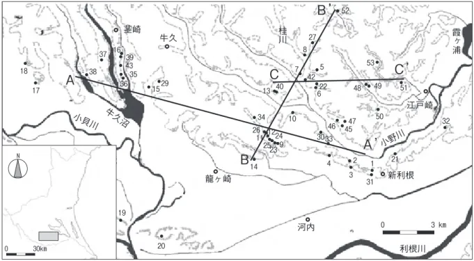 図 1.  調査地域．番号は調査露頭．AAʼ, BBʼ, CCʼはそれぞれ図 4, 5, 6 の断面線位置を示す．破線は標高 20 m の等高線．