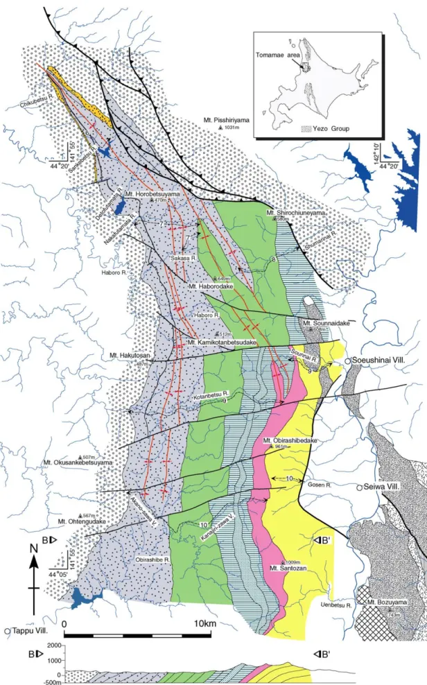 Fig. 5. Geological map and structural proﬁle section of the Tomamae area; see Fig. 4 for legend.