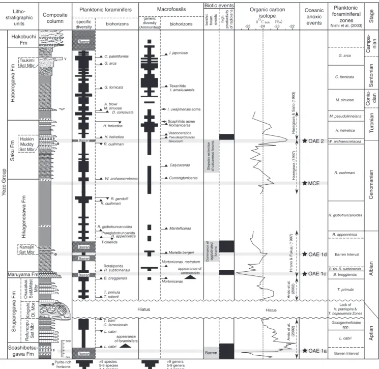 Fig. 8. Composite column of the Yezo Group, summarized lithology, macro-, microfossil and carbon isotope stratigraphy and microfossil biotic events