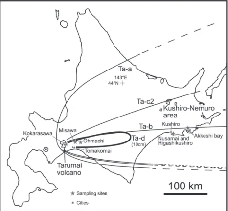 Fig. 1 . Dispersal pattern of pyroclastic fall deposits from Tarumai Volcano, based on Machida and Arai (2003)