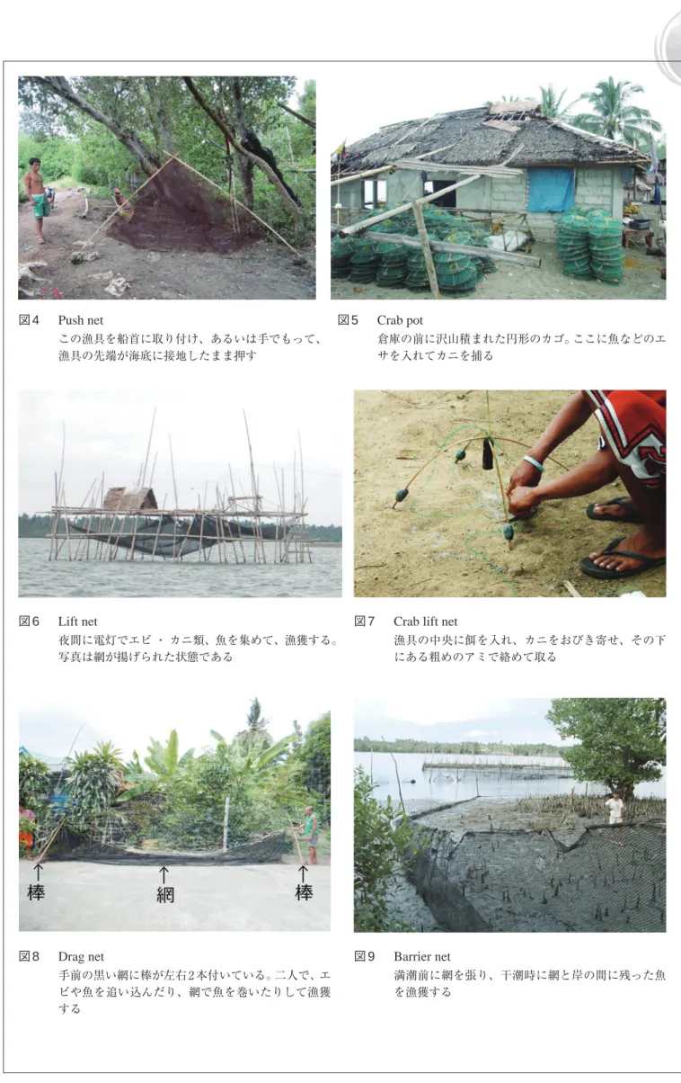 図 4  Push net この漁具を船首に取り付け、あるいは手でもって、 漁具の先端が海底に接地したまま押す 図 5  Crab pot 倉庫の前に沢山積まれた円形のカゴ。ここに魚などのエサを入れてカニを捕る 図 6  Lift net 夜間に電灯でエビ ・ カニ類、魚を集めて、漁獲する。 写真は網が揚げられた状態である