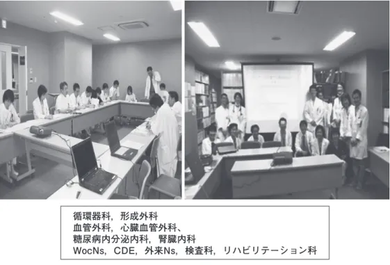 図 7　フットカンファレンス循環器科，形成外科血管外科，心臓血管外科、糖尿病内分泌内科，腎臓内科 WocNs，CDE，外来Ns，検査科，リハビリテーション科 図 8　試験問題：理解を確認する問題問題1.次のうち正しいのはどれか．（1）　糖尿病は末梢動脈疾患の危険因子である．（2）　腎機能の低下は末梢動脈疾患の危険因子である．（3）　間歇性跛行の段階では薬物治療は不要である． （4）　潰瘍などの傷が生じていれば先ずデブリドマンなどの傷の手当に専念すべきである．（5）　軽度な末梢動脈疾患では禁煙は重要では無い．