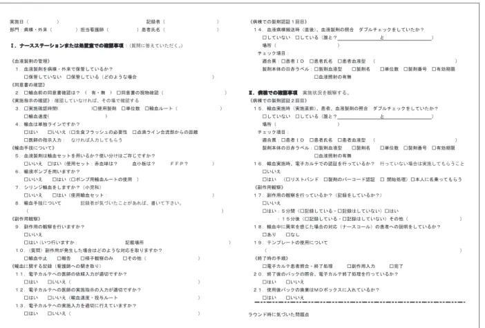 表 1 ラウンド（査察）時のチェックリスト ᐇ᪋᪥㸦 㸧 グ㘓⪅㸦 㸧 㒊㛛㸸⑓Ჷ࣭እ᮶㸦 㸧ᢸᙜ┳ㆤᖌ㸦 㸧ᝈ⪅Ặྡ㸦 㸧 Ϩ㸬ࢼ࣮ࢫࢫࢸ࣮ࢩࣙࣥࡲࡓࡣฎ⨨ᐊ࡛ࡢ☜ㄆ஦㡯㸸 㸦㉁ၥ࡟⟅࠼࡚࠸ࡓࡔࡃࠋ 㸧 ࠓ⾑ᾮ〇๣ࡢ⟶⌮ࠔ 㸯㸬⾑ᾮ〇๣ࢆ⑓Ჷ࣭እ᮶࡛ಖ⟶ࡋ࡚࠸ࡿ࠿㸽 ڧಖ⟶ࡋ࡚࠸࡞࠸ ڧಖ⟶ࡋ࡚࠸ࡿ㸦࡝ࡢࡼ࠺࡞ሙྜ 㸧 ࠓྠព᭩ࡢ☜ㄆࠔ 㸰㸬ڧ㍺⾑๓ࡢྠព᭩☜ㄆࡣ㸽 ( ᭷࣭↓ ) ڧྠព᭩ࡢ⌧≀☜ㄆ㸦 㸧 ࠓᐇ᪋ᣦ♧ࡢ☜ㄆࠔ㸸☜ㄆࡋ࡚࠸࡞ࡅࢀࡤࠊࡑࡢሙ࡛☜ㄆࡍࡿ 㸱㸬ڧᐇ᪋☜ㄆ᫬㛫( )ڧ౑⏝〇๣ ڧ༢