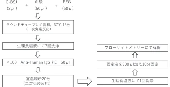 図 1-2 FCM-SC の測定法 図 2 FCM-SC で測定した C-BSJ の 3 集団 結 果 1．FCM-SC（陰性対照及び特異性が確定している陽性症例）図3-1〜図3-4で使用したC-BSJは，RBC1 の表現型：DとFyb抗原陽性，RBC2の表現型：DとE 抗原陽性，RBC3の表現型：Fyb抗原陽性であった．図3-1に陰性対 照，図3-2にRBC1とRBC2陽 性（抗D），図3-3にRBC1とRBC3陽性（抗Fyb），図3-4にRBC2のみ陽性（抗E）を示す．陽性の3症例ともC-BSJの表現型