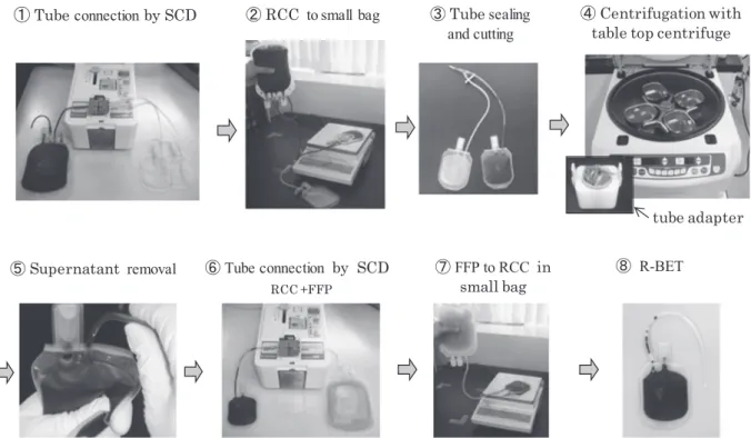 Fig. 1 BET prepared via our simple method グを充填することができる遠心機のアダプター （チュー ブラック 055-4850：久保田商事）にバッグを詰め，卓 上遠心機にて遠心（1.0×10 6 g・sec）した（④）．遠心後 にバッグの下部を握り圧排することで，上清を空バッ グへと押し出し，赤血球層のみを回収した（⑤）．赤血 球バッグと FFP-LR のバッグを無菌的に接続し（⑥）， 約 45m l  の血漿を赤血球へ添加する（⑦）ことで，R-BET とした（⑧）．以