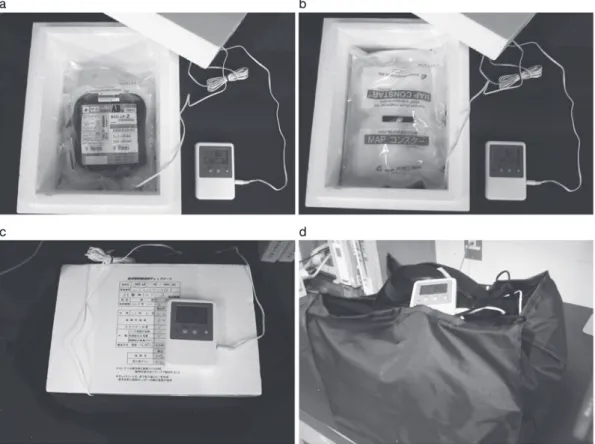 Fig. 2 Packaging of blood products for shipment between hospitals.   a: A RCC Constar ®  is placed in a transport container and the RCC is set on it