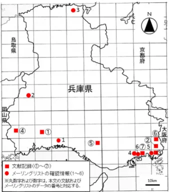 図 1　文献記録と ML に寄せられた確認情報（2013 年）による兵庫県 におけるキマダラカメムシの分布図． めた． 2008 年に兵庫県の西側に位置するたつの市において， キマダラカメムシが本県から初めて記録された．ただ し，この時点で多数の成虫に加えて幼虫も確認されてお り（佐藤，2008），たつの市の市街地では，本種が既に 定着していた可能性も考えられる． 2010 年には，たつの市の東側に隣接する姫路市で成 虫が確認される（ML 情報の①）とともに，たつの市と は大きく離れた兵庫県南東部の伊丹市で