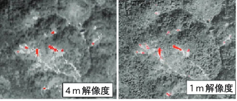 図 1　崩壊地の判別結果 図 2　高解像度衛星による崩壊地の判別結果（立体表示） 図 4  風倒被害地と無被害地の反射特性 図 3　GPS による踏査図 5  風倒被害地の判別結果 [ 問い合わせ先：兵庫県立農林水産技術総合センター　森林林業技術センター 資源部 TEL