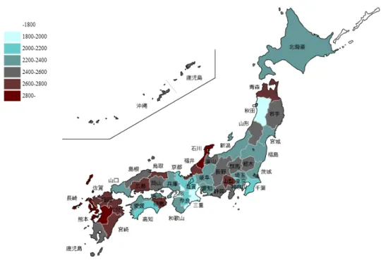 図 3-3  都道府県ごとの要支援認定者一人当たり予防給付単位平均（女性） 
